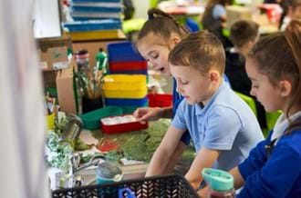 Three pupils in primary school using the classroom sink