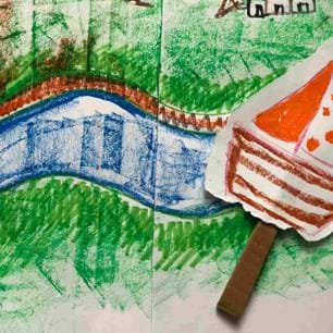 child's drawing of river and sail boat