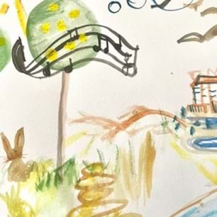 child's painting of trees and house