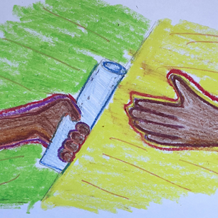 Drawing of hand passing a baton to another hand